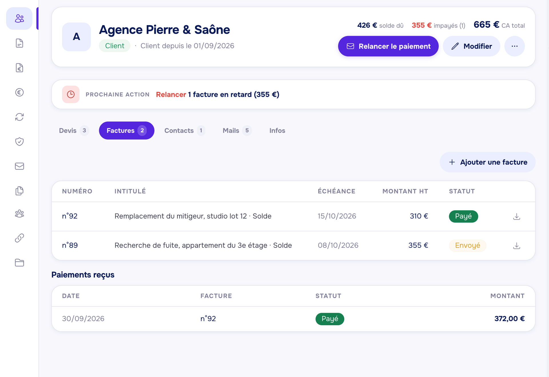 Fiche client dans Lucy : factures, paiements reçus et facture en retard à relancer